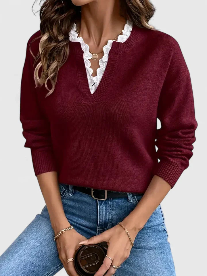 Diane | Maglione con scollo a V, rifiniture in pizzo e maniche lunghe