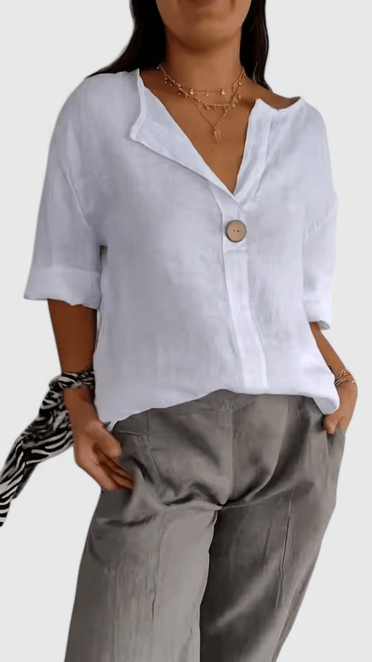 Gloria | Blusa in misto lino con scollo a V e maniche a tre quarti
